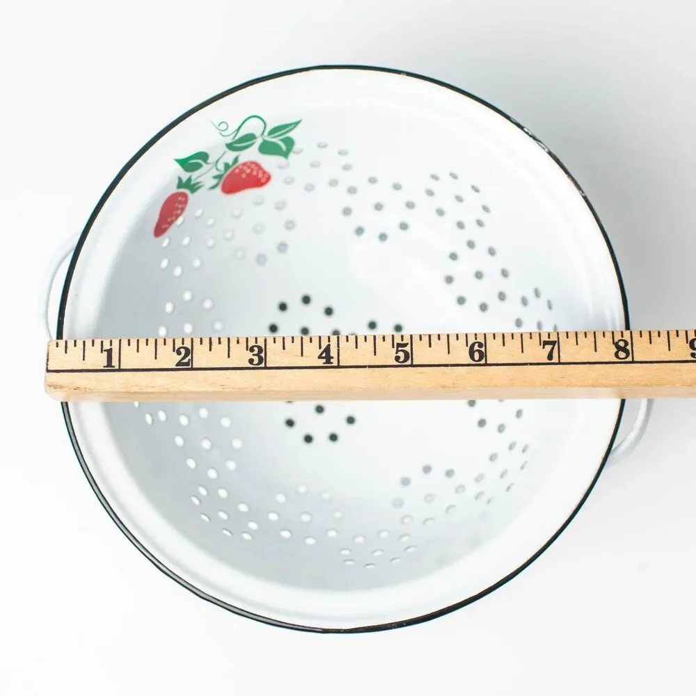 Vintage Enamelware Strawberry Colander Strainer White Red Footed Farmhouse